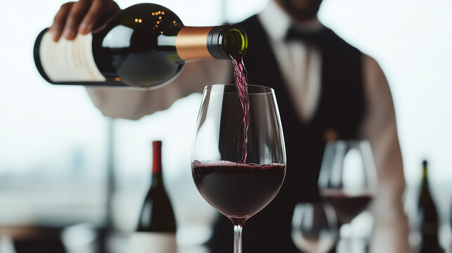 Red Wine Pouring: A sommelier gracefully pours rich red wine into a crystal glass, capturing the essence of fine dining and sophisticated indulgence.