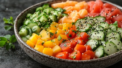 Colorful assortment of diced fruits and vegetables garnished with herbs