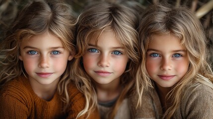 Fototapeta premium Three girls with blue eyes share their friendship outdoors