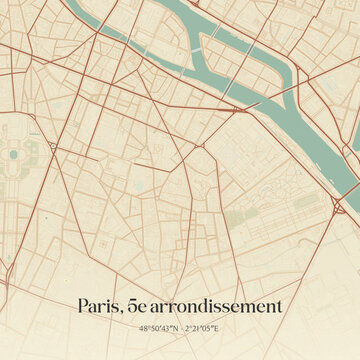 Vintage map of Paris, 5e arrondissement, France.