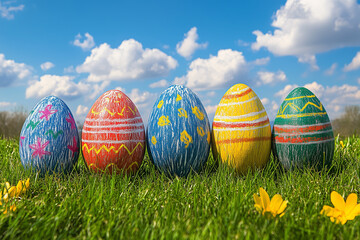 Fototapeta premium Colorful easter egg hunt drawing filled with childhood joy under a sunny sky