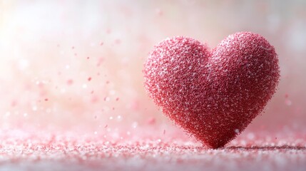 Fototapeta premium An abstract heart shape made of pink granules, set against a soft pastel background with a gentle bokeh effect