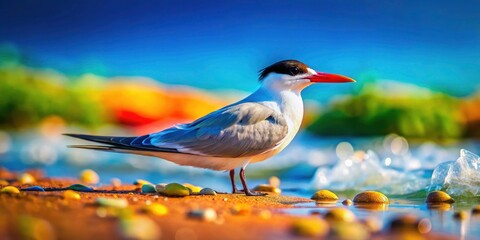 Tilt-shift photography transforms Caspian terns into a charming miniature world.