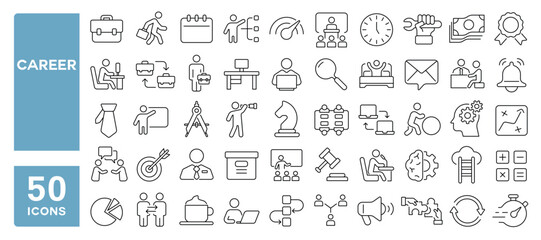 Set of 50 line icons related to career, business, job, employer, manager, work, organization, company, corporate, employment, Editable stroke. Vector illustration