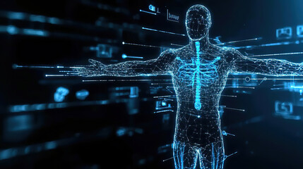 AI-powered quantum combines artificial intelligence with quantum computing. Virtual Human Anatomy Model with Data Visualization Elements