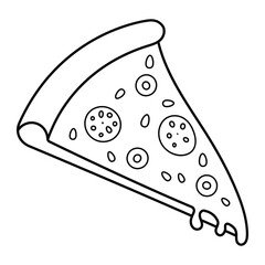 Pizza slice vector illustration. Hand-drawn doodle style with cheese and pepperoni. Black outline isolated on white background.