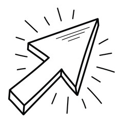 Computer mouse pointer vector icon. 3D arrow cursor in doodle style. Black outline isolated on white background.