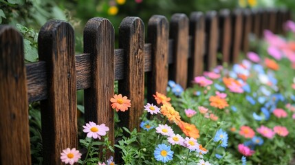 Fototapeta premium Vibrant flowers bloom next to a charming wooden fence under warm sunlight