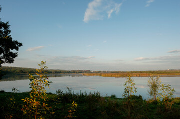 colorful orange autumn on a forest lake on a sunny day