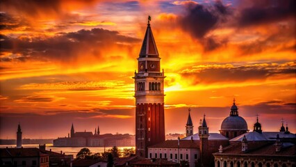 Fototapeta premium Venice's clock tower, a gothic silhouette, dominates the romantic skyline at dusk. Stunning Italian landmark photography.