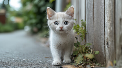 Close-up of a white cute kitten standing near the wall of a house