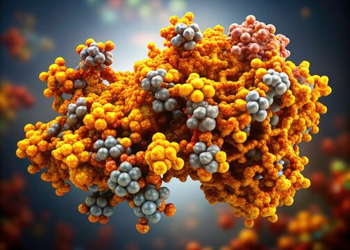 Vibrant orange and yellow subunits compose this 3D-rendered illustration of a complex protein molecule.