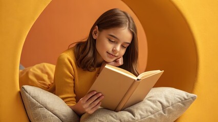 Naklejka premium A girl focused on reading a book