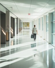 Fototapeta premium Hospital discharge as a patient steps out of their room with a medical bag. Featuring confidence and care