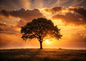 Vintage photo: lone tree's silhouette against a minimalist sky; serene, evocative landscape.