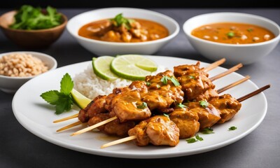 Delicious Chicken Skewers with Sauces and Accompaniments on Plate