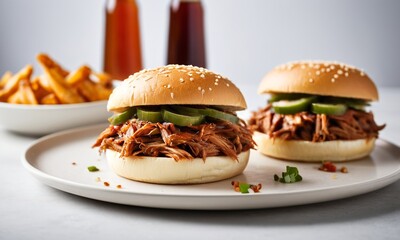 Juicy Pulled Pork Sandwiches with Pickles and Sweet Potatoes Fries