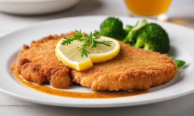 Golden Breaded Chicken Cutlet with Lemon Slice and Broccoli