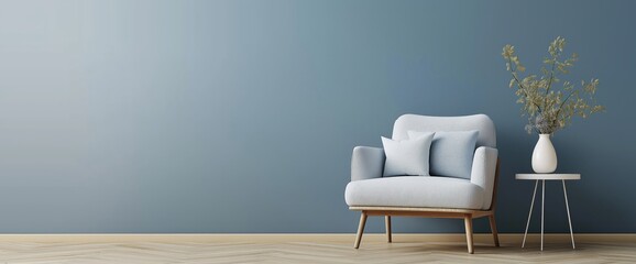 Modern interior with a stylish blue armchair against a minimalist wall