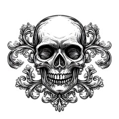 Ornate skull graphic, decorative design, use for tattoos, prints, or posters