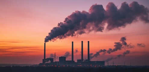 Power plant chimneys emitting thick smoke at sunset