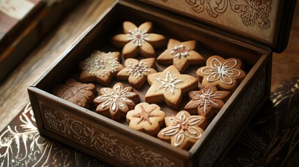 Fototapeta premium A hand-drawn vintage-style cookie box with a variety of cookies inside, each shaped like a flower or a star, designed with detailed hand-drawn patterns.