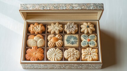 A hand-drawn vintage-style cookie box with a variety of cookies inside, each shaped like a flower or a star, designed with detailed hand-drawn patterns.