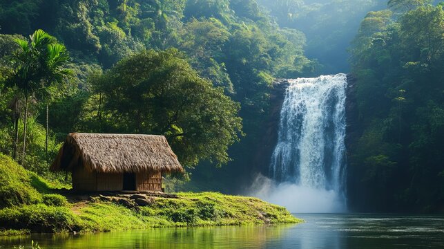 A scenic view of a small hut near Athirappilly waterfalls, Kerala. 