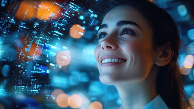 Woman Gazing at Futuristic Digital Interface