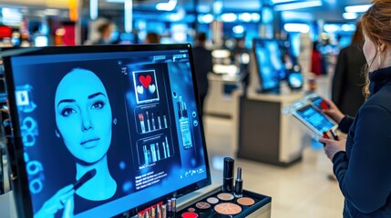 Innovative beauty technology demonstration retail store digital display modern environment close-up view interactive experience