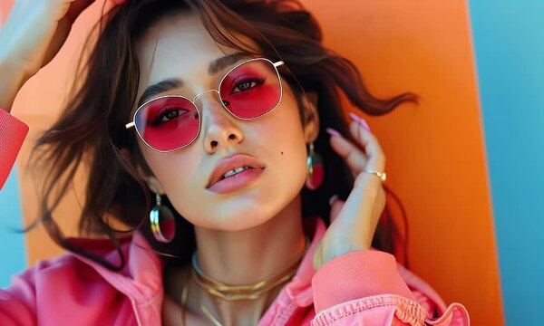 A young woman with pink sunglasses and a pink jacket leans against a vibrant orange wall.