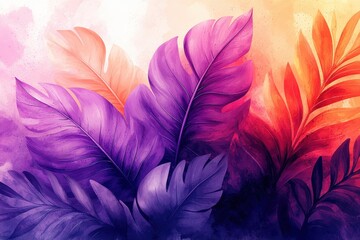 Obraz premium Colorful watercolor-styled tropical leaves in vibrant purple, orange, and pink hues
