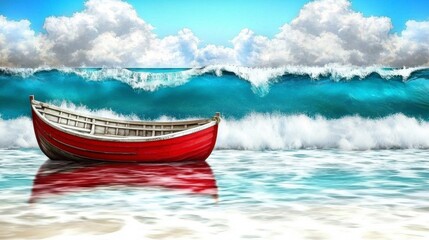 Fototapeta premium Red Boat on Sandy Beach Facing Approaching Large Wave Under Bright Sky