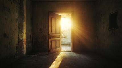 Obraz premium Bright light shines through an open door in an empty room.