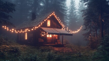 Fototapeta premium Cozy house with an awning, wrapped in glowing string lights in a foggy forest