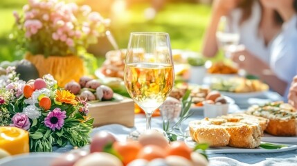 Fototapeta premium Feast of Joy: Capturing a vibrant outdoor gathering, a sun-drenched table overflows with a delightful array of culinary treasures, complemented by the refreshing presence of wine glasses. 