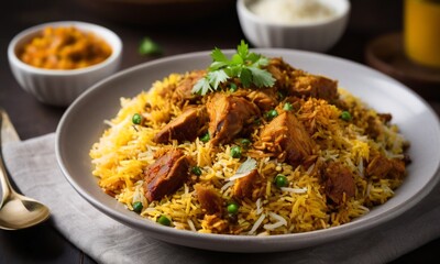 Fragrant Biryani with Tender Chicken Pieces and Fresh Herbs
