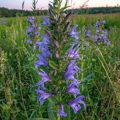 Fototapeta premium Vibrant Purple Wildflowers in a Summer Field at Sunset