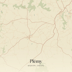 Fototapeta premium Vintage map of Plémy, France.