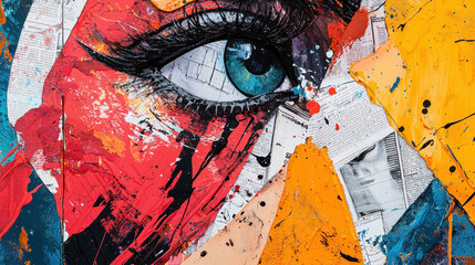Bold and intricate mixed media artwork featuring vibrant eye