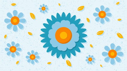 Flower, floral, nature flat design background in blue and orange pastel color style portrait. Vector illustration. Suitable for poster, wallpaper, banner and wall art.