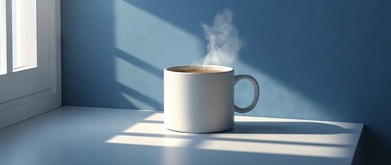 A 3D image of a single teacup with steam rising in a sparsely decorated café