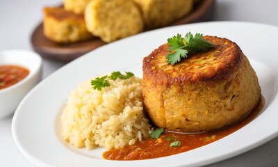 Savory Corn Cake with Rice and Sauce on White Plate Presentation