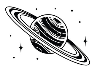 planet, Saturn, rings, celestial body, cosmic, astronomy, space exploration, black and white illustration, retro sci-fi, vintage space art, stars, cosmic dust, gas giant, orbital system,