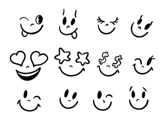 Happy doodle smiley collection isolated on white background. Simple faces. Cute icon set. Vector Illustration.