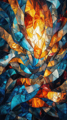 Vibrant abstract mosaic with swirling colors of blue, orange, and gold