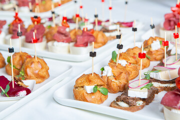 Catering buffet or service with different snacks, appetizers and canapes on a table. Variety of Freshly Prepared Catering Food for an Event.