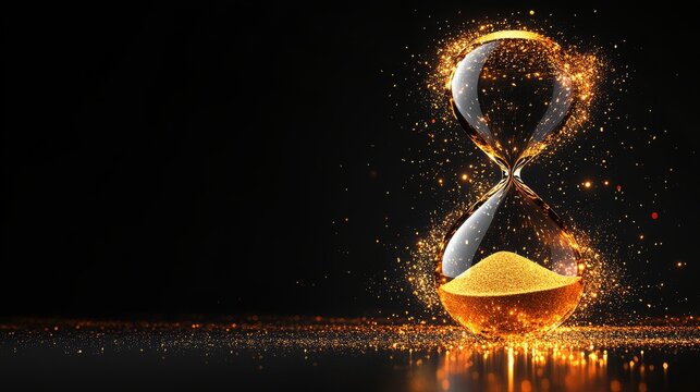 A luminous hourglass filled with shimmering gold light particles, contrasted against a black backdrop, representing luxury and contemporary style. Modern illustration