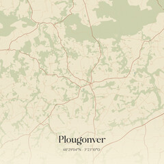 Fototapeta premium Vintage map of Plougonver, France.