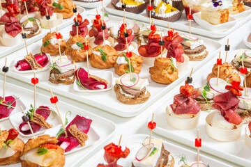 Catering buffet or service with different snacks, appetizers and canapes on a table. Variety of Freshly Prepared Catering Food for an Event.